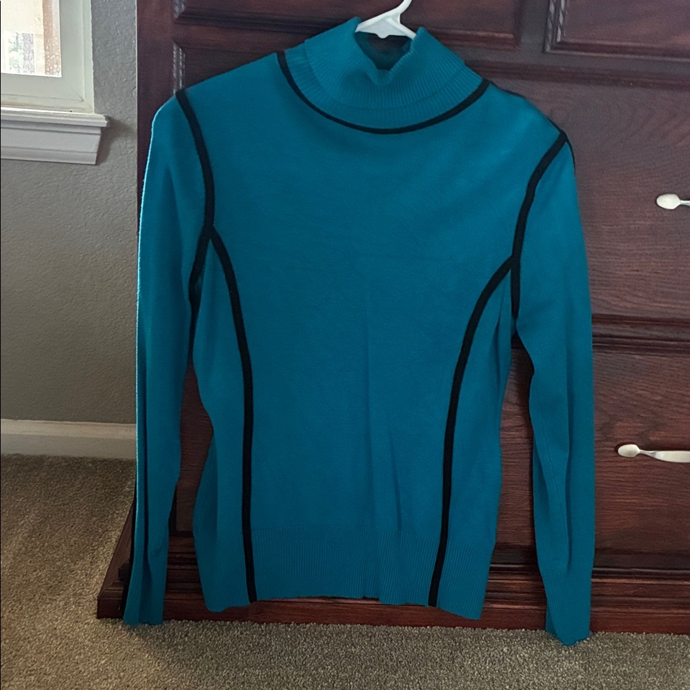 Cache Teal and Black Turtleneck Sweater